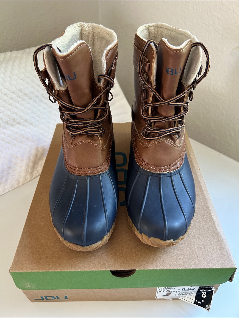 JBU Brown Leather & Navy Rubber Lace-Up Winter Boots